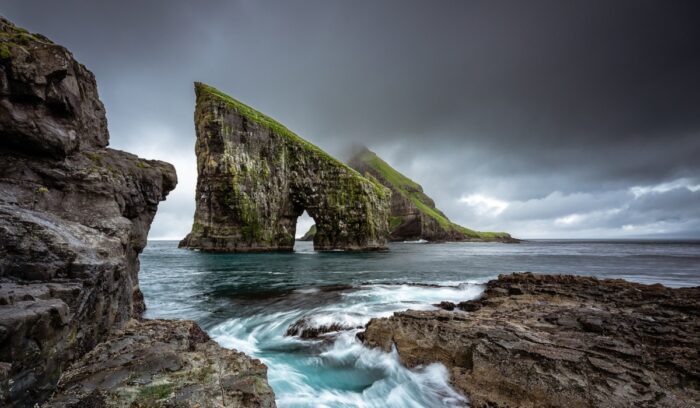 Rock formation in water, for article on pre-Viking settlers Faroe Islands