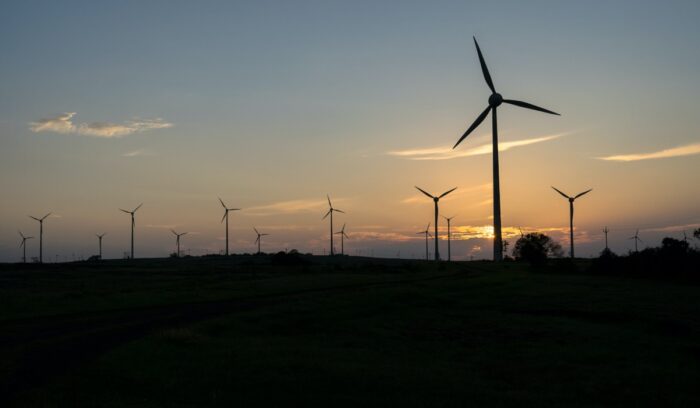 Silhouette of wind turbines, for article on UK wind power