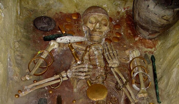 Skeleton with gold items at Varna Necropolis, for article on Varna Necropolis gold