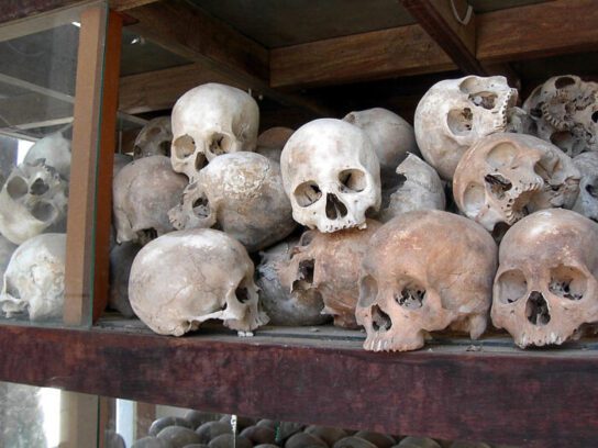 Skulls of Khmer Rouge victims, for article on Khmer Rouge Cambodia