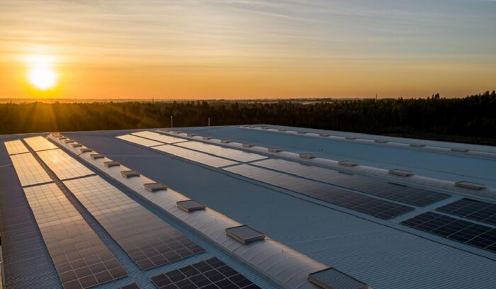 Solar panels on the roof of the factory