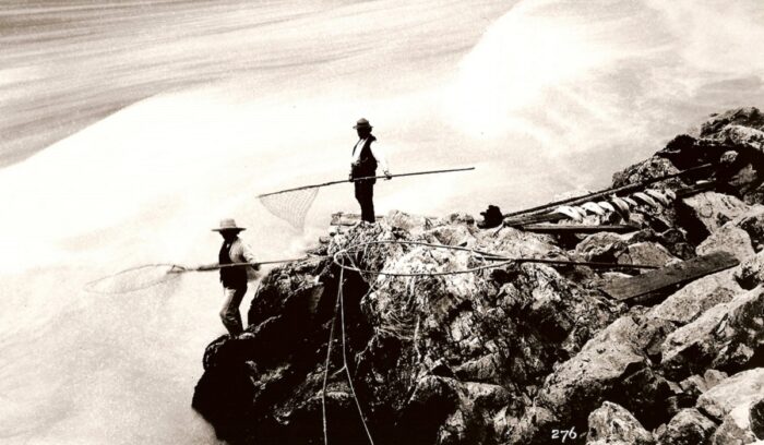 Stó꞉lō people fishing on the Fraser River with dipnets