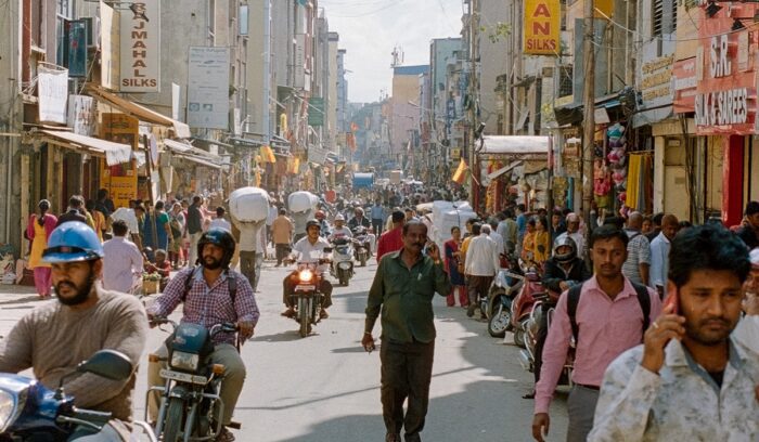 A busy Indian street market with vendors and families for an article about India poverty rate