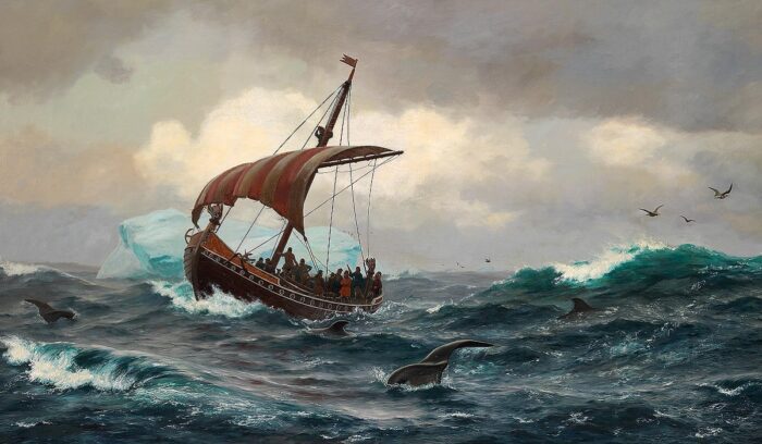 Summer in the Greenland coast circa the year 1000 by Carl Rasmussen (1874)., for article on Erik the Red Greenland settlement
