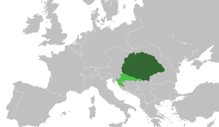 The Kingdom of Hungary (dark green) and Kingdom of Croatia-Slavonia (light green) within Austria-Hungary in 1914, for article on Kingdom of Hungary
