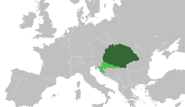 The Kingdom of Hungary (dark green) and Kingdom of Croatia-Slavonia (light green) within Austria-Hungary in 1914