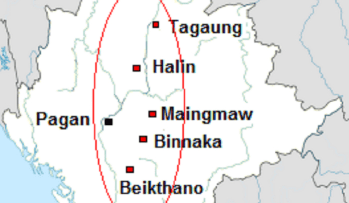 The Pyu realm in the red zone, for article on Pyu city-states