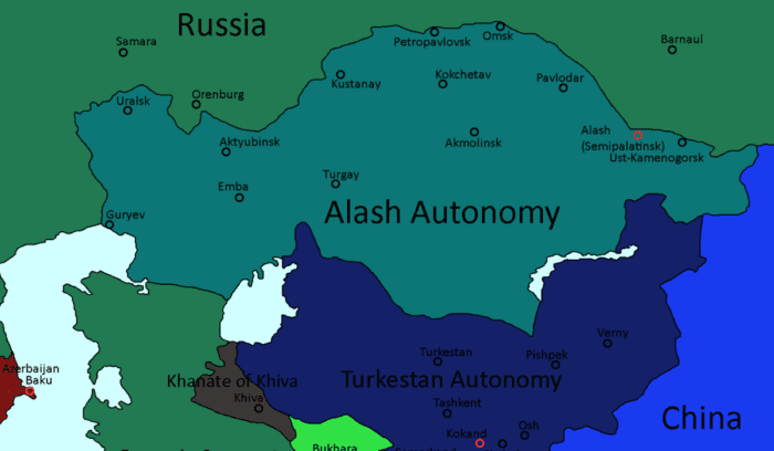 The borders of the Alash Autonomy, for article on Alash Orda government