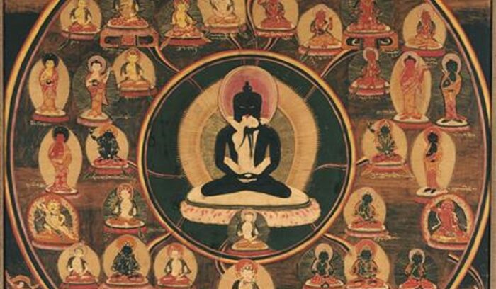 Tibetan Thanka of Bardo. Vision of Serene Deities