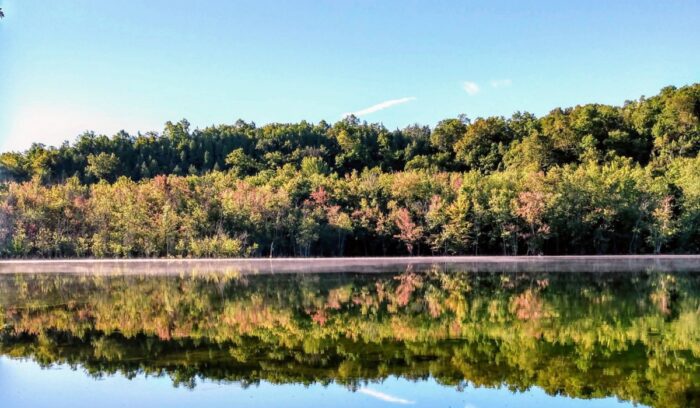 Trees reflecting in lake, for article on Onondaga land return
