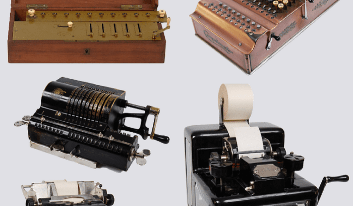 Various desktop mechanical calculators used in the office from 1851 onwards., for article on calculating clock