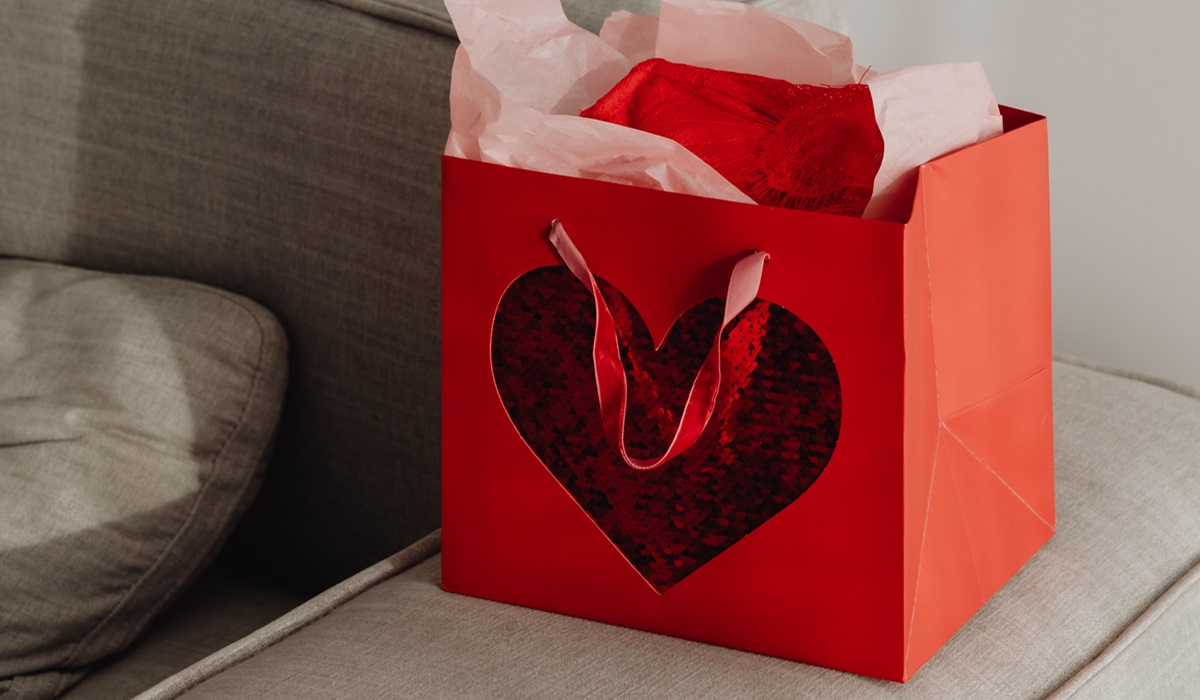 A gift bag with a heart on it