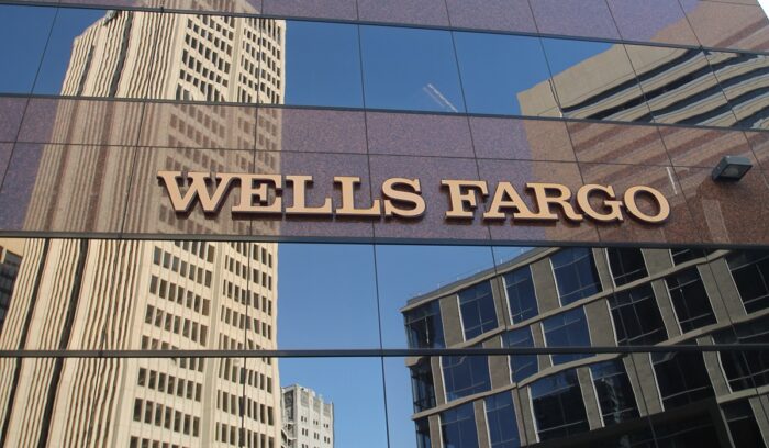 Wells Fargo Bank name on building.