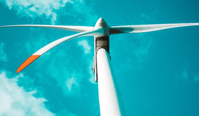 Wind turbine from below, for article on world's first wind farm