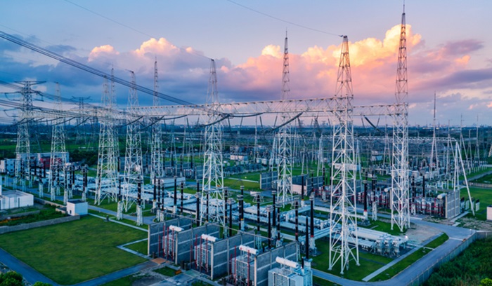 Aerial view of a high voltage substation.