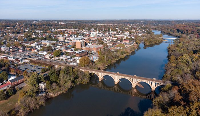 A Aerial Photo Of Fredericksburg Va on a clear fall day, for article on Rappahannock Tribe rights of nature