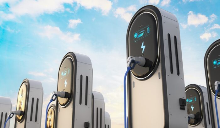 A busy highway filled with electric vehicles charging at roadside stations for an article about global EV fleet milestone, for article on electric vehicles Norway