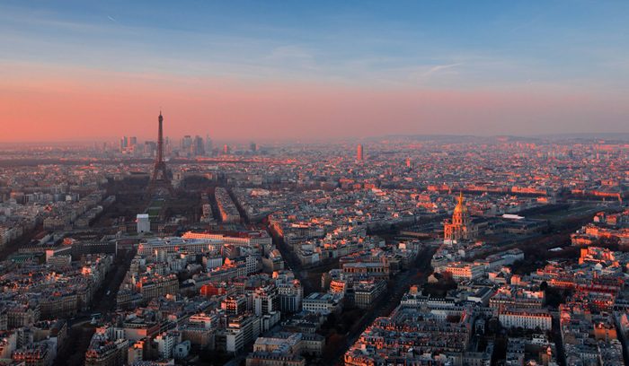 Paris skyline at sunset, for article on Paris pedestrianization, for article on Paris pedestrianization vote