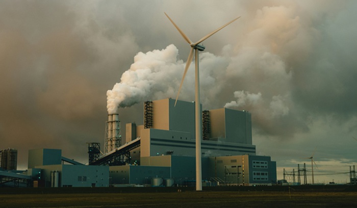 Factory polluting with wind turbine in foreground