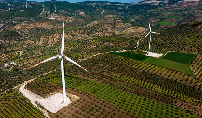 Wind turbines on a farm