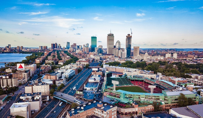 Boston skyline with Fenway Park in foreground