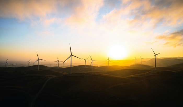 Wind turbines with rising sun in background