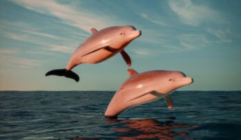 Two dolphins jumping, for article on cetacean captivity ban