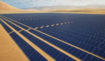 Rows of solar panels in a Chinese desert reflecting China wind and solar capacity growth under the Five-Year Plan clean energy targets