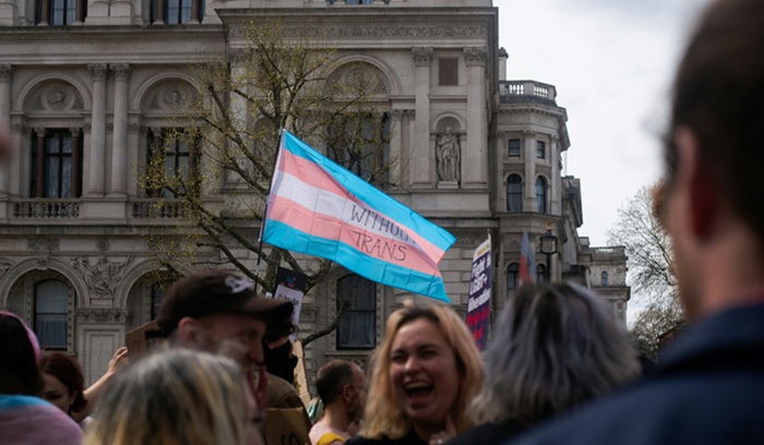Trans pride flag during protest, for article on Romanian trans rights