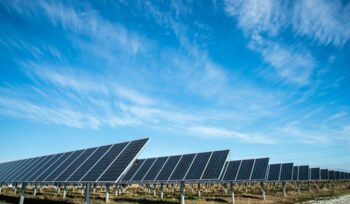 Solar farm with sky above, for article on India solar capacity
