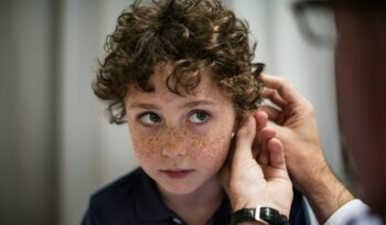 Child getting hearing test, for article on gene therapy for deafness