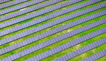 Aerial view of solar farm, for article on zero-carbon electricity grid