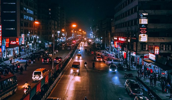 Dhaka traffic at night, for article on Bangladesh EV taxes, for article on Bangladesh EV tax reform